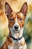 2026: Small Monthly Calendar Planner - Watercolor Basenji Dog