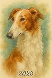 2026: Small Monthly Calendar Planner - Watercolor Borzoi Dog