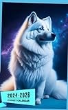 Pocket Calendar 2024 - 2026 With Moon Phase: Three-Year Monthly Planner for Purse , 36 Months from January 2024 to December 2026 | American Eskimo Dogs | Neon galaxy blue background