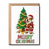English Bulldog Christmas Card - Funny Holiday Greeting - Santa Dog Decorates Tree - Great Lights And Ornament Scene - Great Gift For Pet Lover
