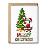 Siberian Husky Christmas Card - Funny Holiday Greeting - Santa Dog Decorates Tree With Ornaments - Festive Xmas Gift For Pet Lovers And Friends