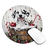 Festive Dog in a Basket Mouse Pad, White Dalmatian with Christmas Ornaments, Non-Slip Washable Mousepad for Home and Office Use Round 8x8 Inch