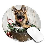Christmas Themed Dog Mouse Pad, Brown German Shepherd in Snow with Candy Cane and Ornaments, Rubber Non-Slip Washable Gaming Mousepad for Home and Office Round 8x8 Inch