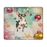 Christmas Chihuahua Jumping Mouse Pad, Colorful Holiday Snowflakes and Ornaments Design, Rubber Non-Slip Washable Desk Mousepad for Home and Office Square 8x10 Inch