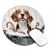 Festive Dog Christmas Mouse Pad, Brown Beagle with Candy Canes and Ornaments, Non-Slip Washable Gaming Mousepad for Home and Office Round 8x8 Inch