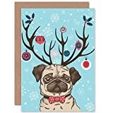 Wee Blue Coo Christmas Ornaments Antlers Pug Dog Cute Sealed Greeting Card Plus Envelope Blank inside
