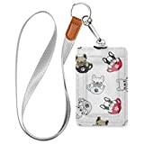 VIKKO Dog French Bulldog Pug Paw Cup Badge Holder, PU Leather ID Card Case Wallet with Neck Lanyard and Key Ring