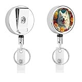Cute Samoyed Badge Holder Reel with Belt Clip Key Ring Retractable Metal Name ID Card Holder