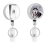 Siberian Husky Dog Snow Day Cute Retractable Metal Clips for Name ID Cards Badge Holder Reel with Belt Clip Key Ring