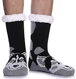 LINEMIN Mens Warm Slipper Socks Soft Cozy Fuzzy Fleece-Lined Winter Non Slip Indoor Christmas Socks (Siberian Husky Dog)