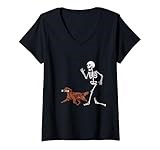 Womens Funny Halloween Irish Setter and Skeleton V-Neck T-Shirt