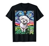 Maltipoo Starry Night White Maltese Poodle Dog Art by Aja T-Shirt for Men Women Girls Kids